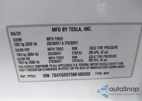 2022 Tesla Model Y Performance Dual Motor All-Wheel Drive z USA, uszkodzony, nr VIN 7SAYGDEF0NF488560